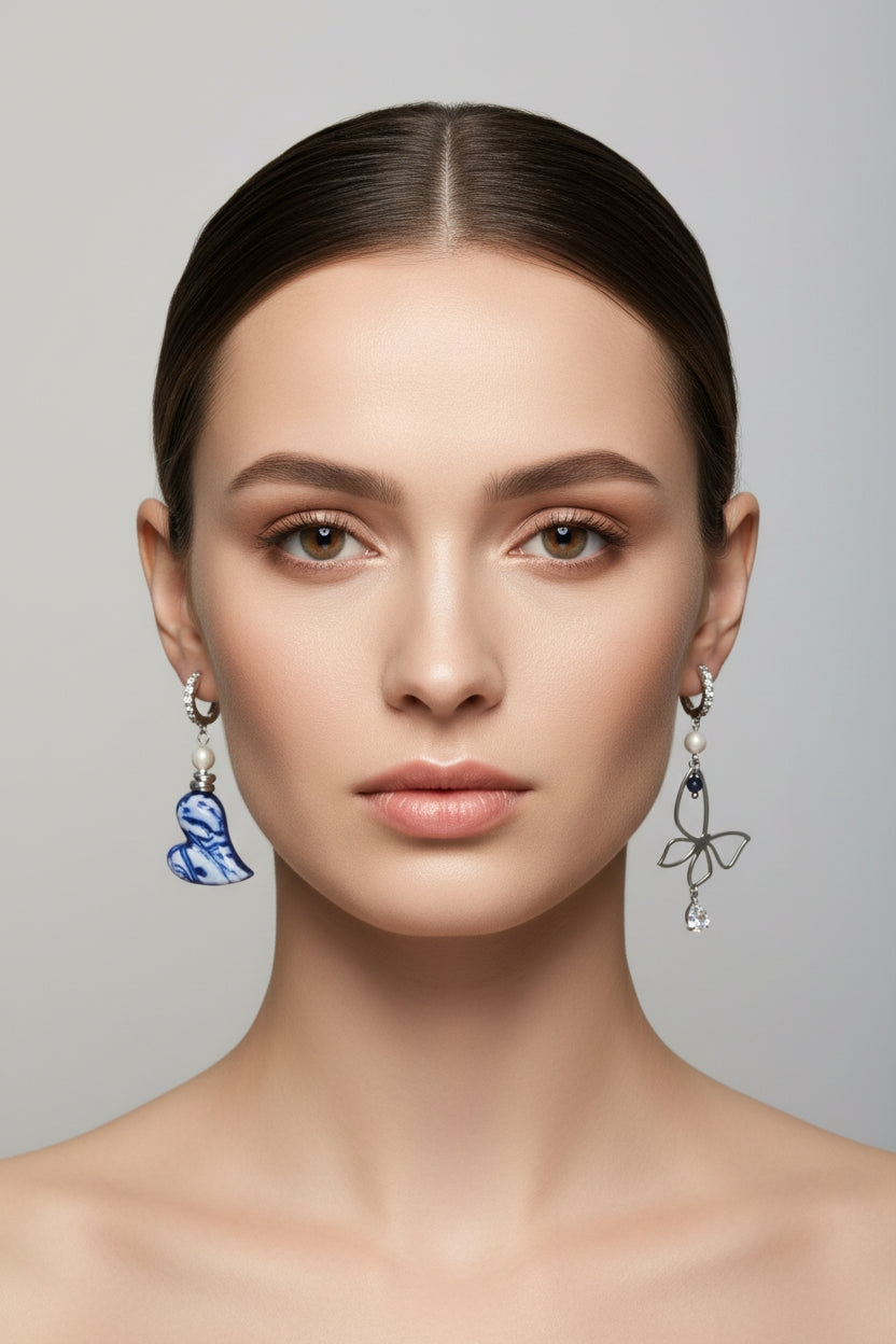 Orecchini Asimmetrici Cuore Ceramica Blu e Farfalla - Pendenti Artigianali "Collezione Cuori Preziosi"