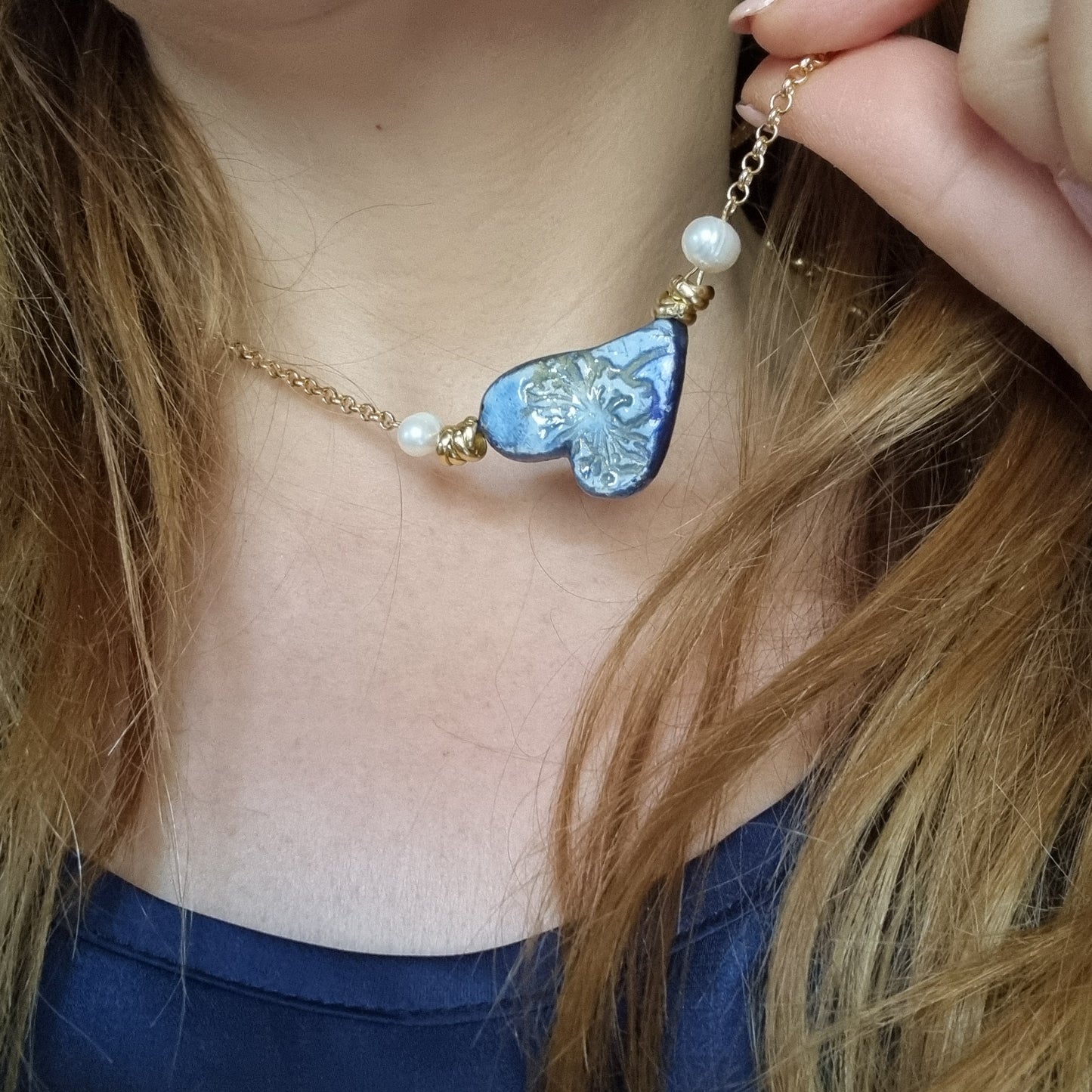 Parure Cuore Blu - Collana e Orecchini Ceramica Artigianale