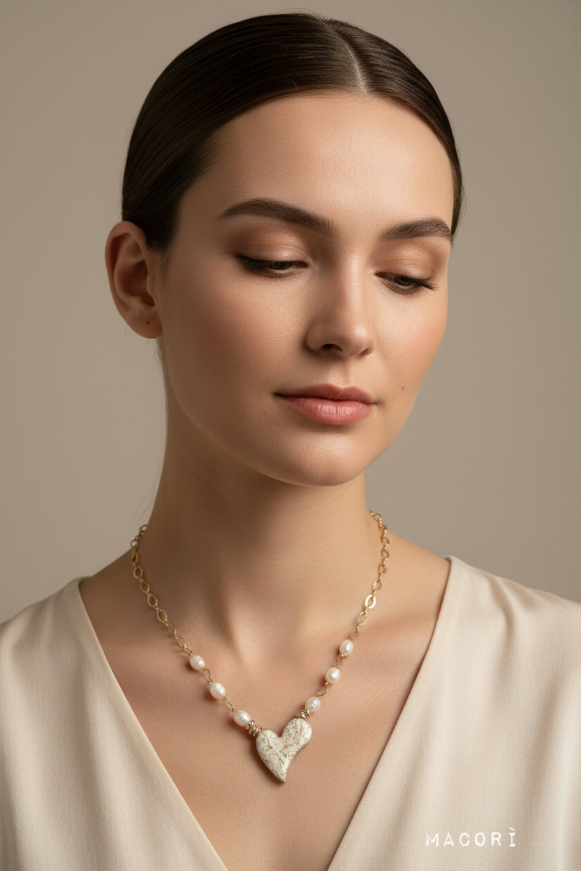 Collana Cuore Ceramica Bianca Perle Barocche - acciaio inox - Artigianale Macorì