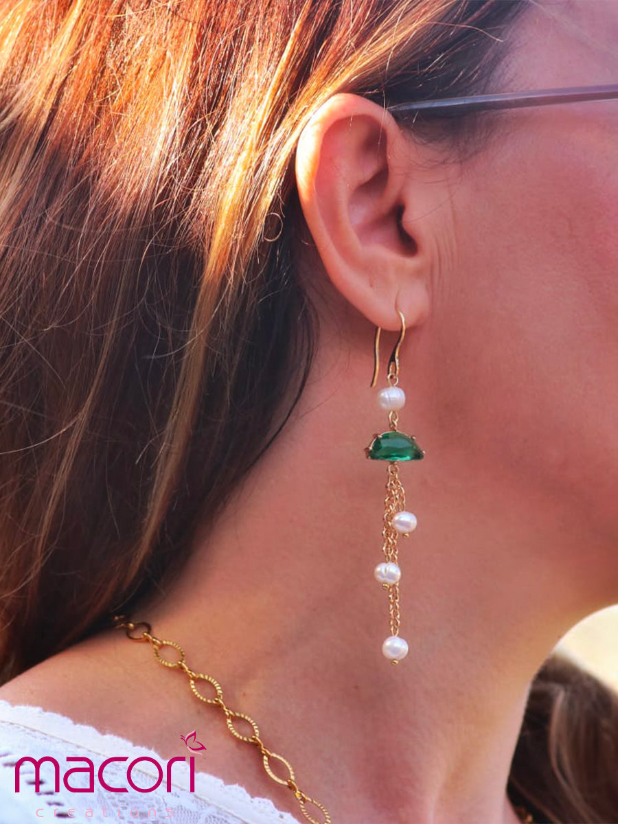 Orecchini Asimmetrici Cuore Ceramica Perle Cristallo Verde - Gioielli Artigianali Oro