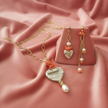 Collana e orecchini su velluto rosa corallo