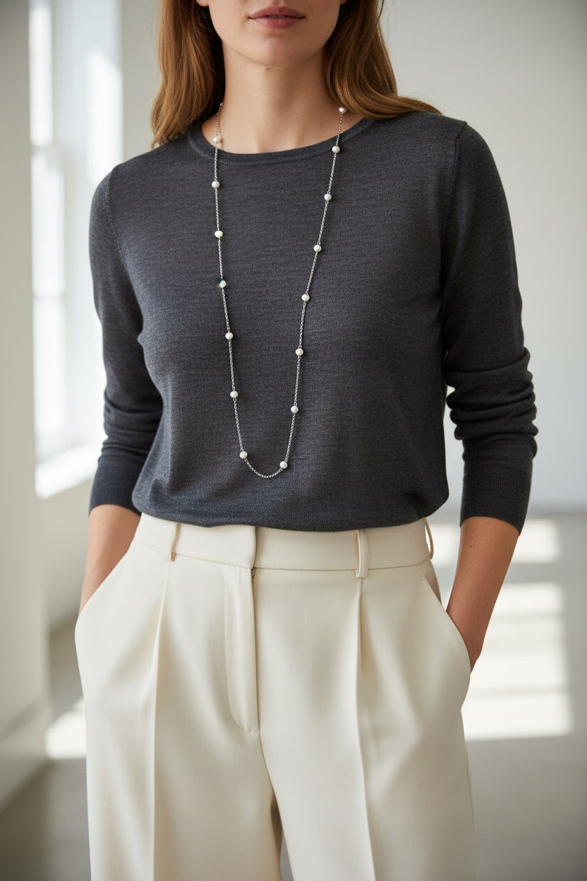 Collana su outfit casual-chic con top scuro