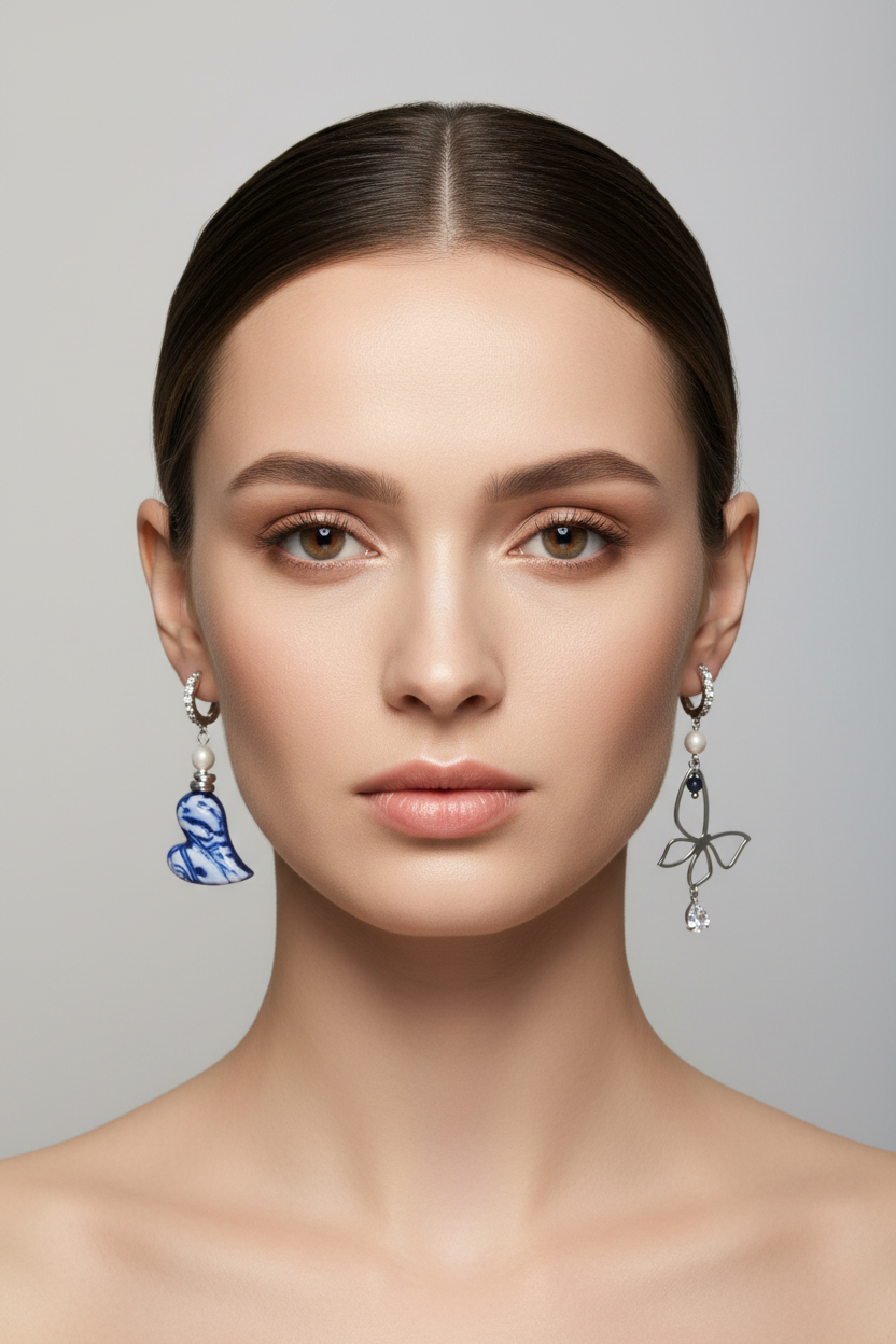 Modella con orecchini asimmetrici