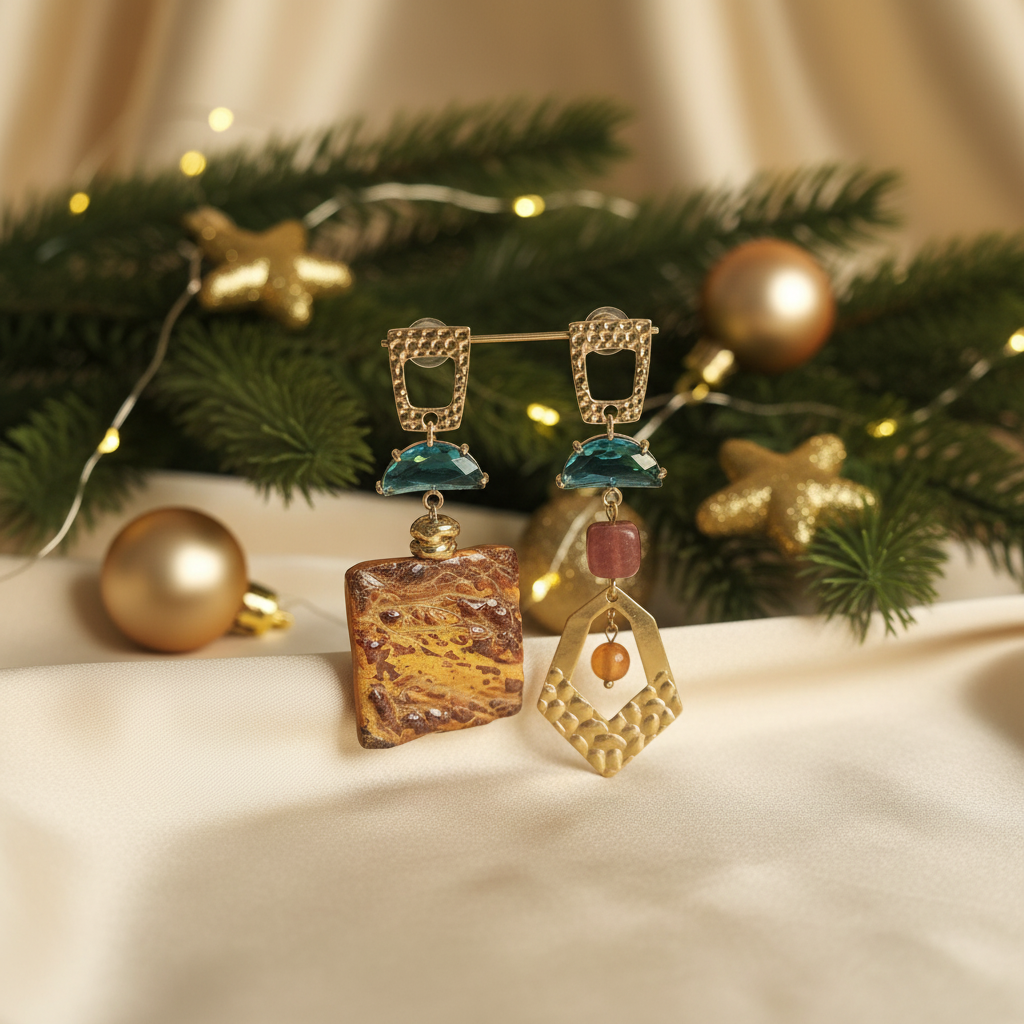 Orecchini artigianali su sfondo natalizio