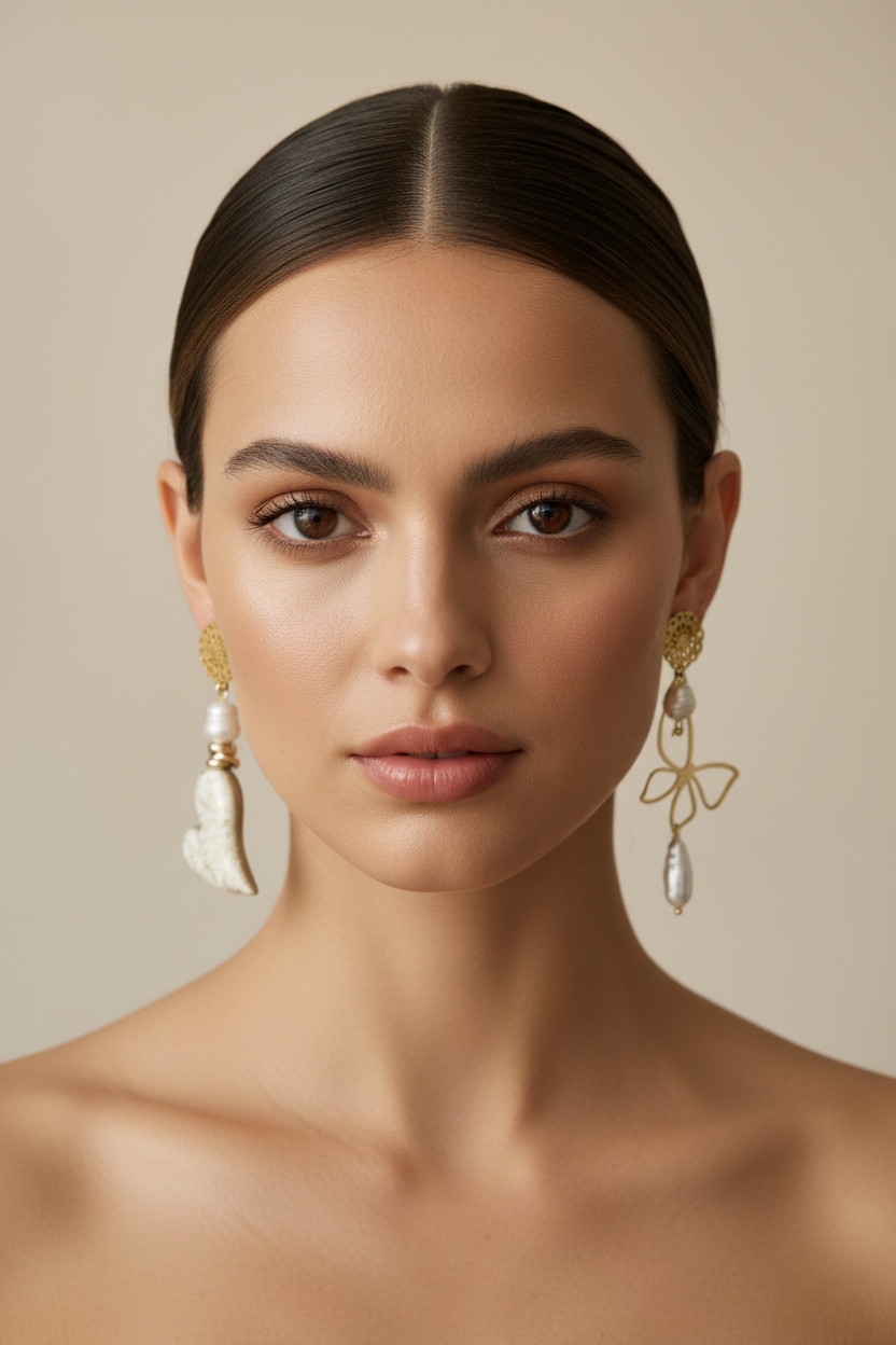 Orecchini asimmetrici indossati - vista frontale