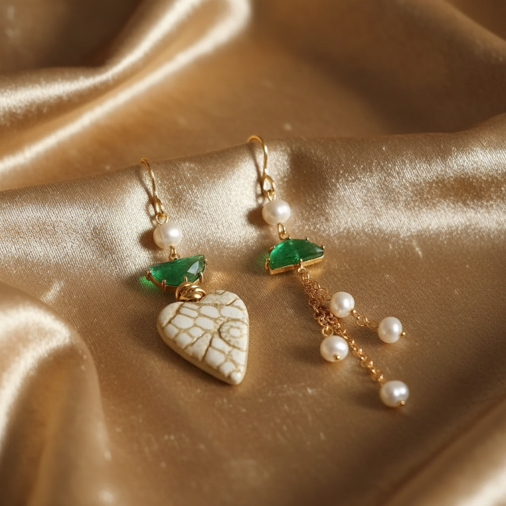 Orecchini asimmetrici Macorì su velluto oro champagne