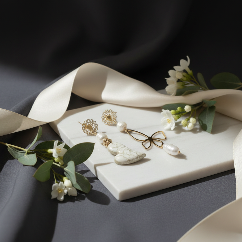 Orecchini asimmetrici su sfondo scuro elegante