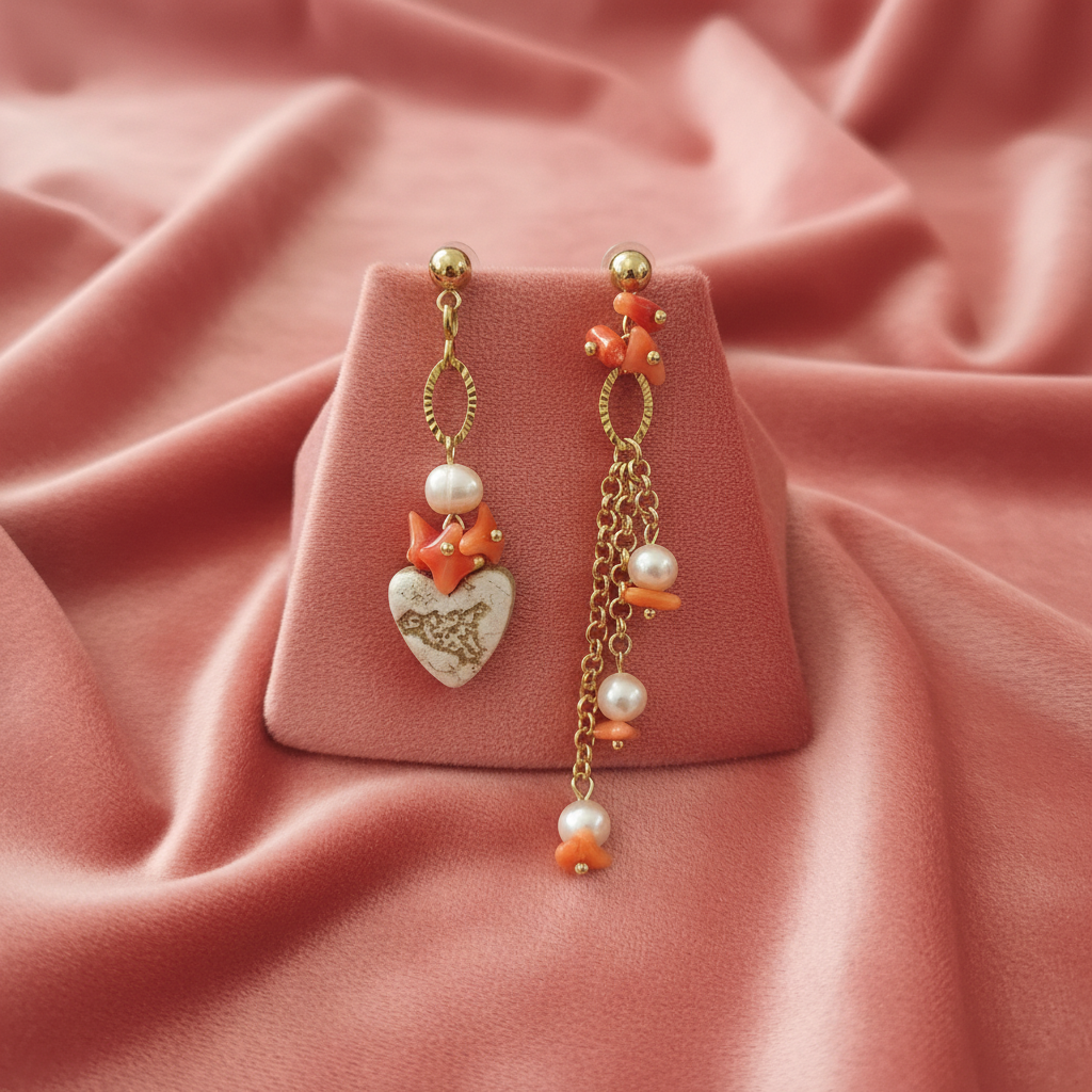 Orecchini asimmetrici su velluto rosa corallo