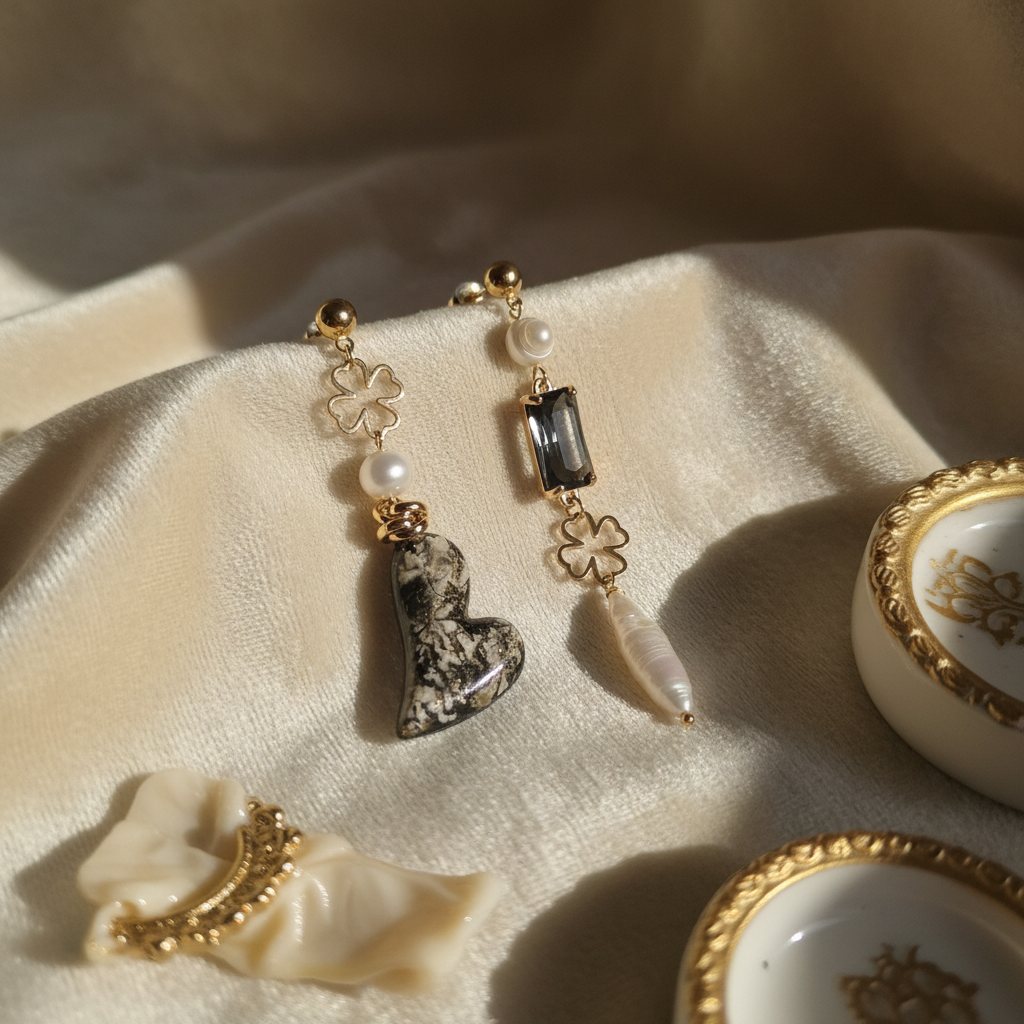 Orecchini Asimmetrici con Perle Naturali e cuore in ceramica
