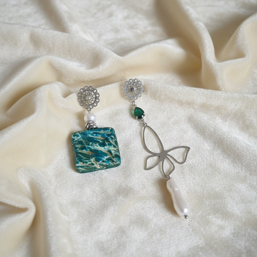 Orecchini Asimmetrici con Ceramica Turchese, Perle e Cristalli - Mare e Cielo