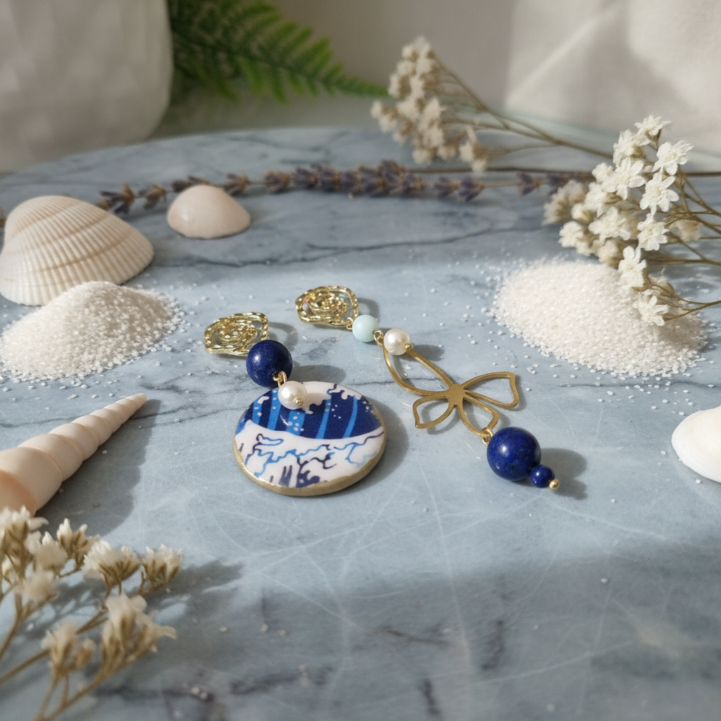 Orecchini Macorì onda giapponese su sfondo elegante