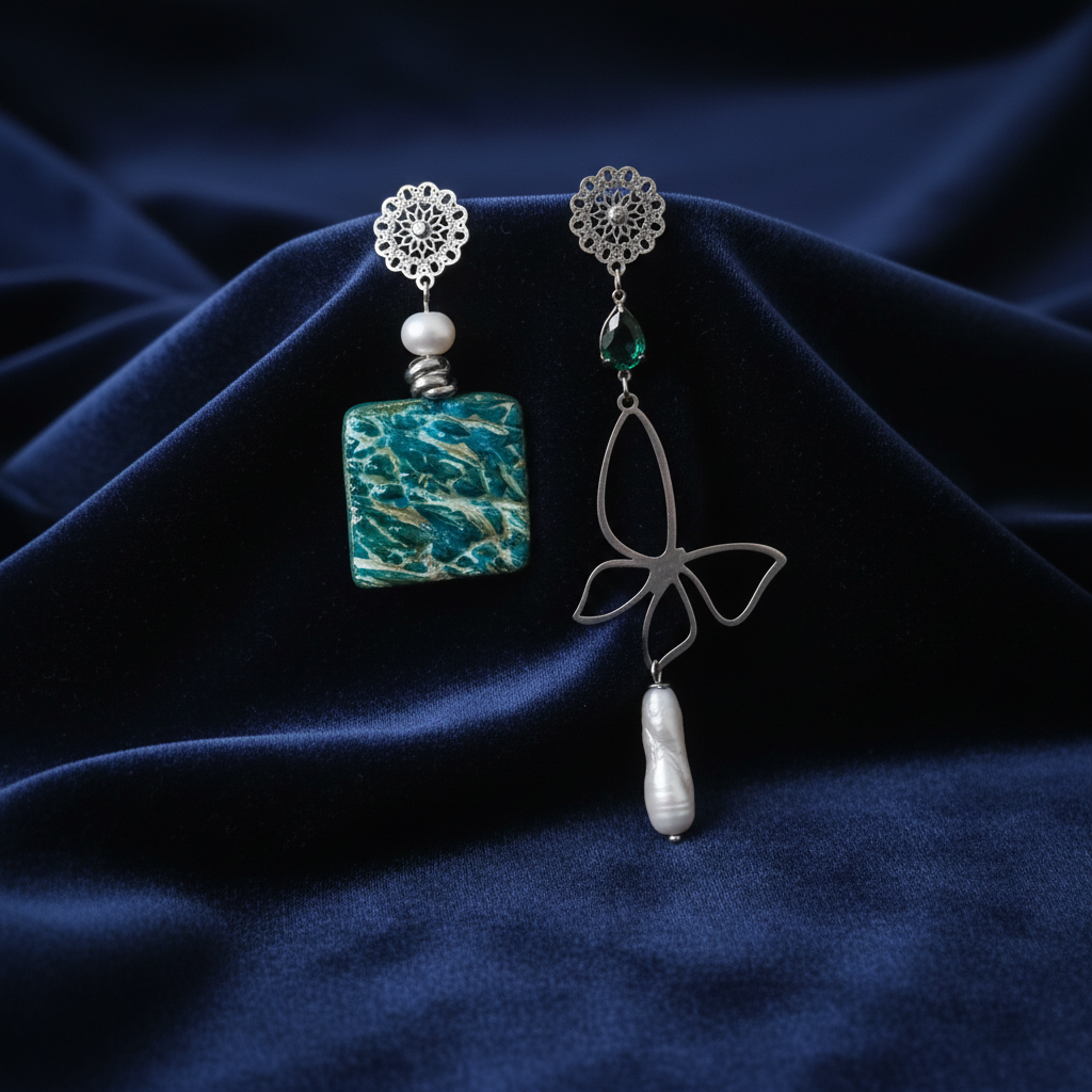Orecchini Asimmetrici con Ceramica Turchese, Perle e Cristalli - Mare e Cielo