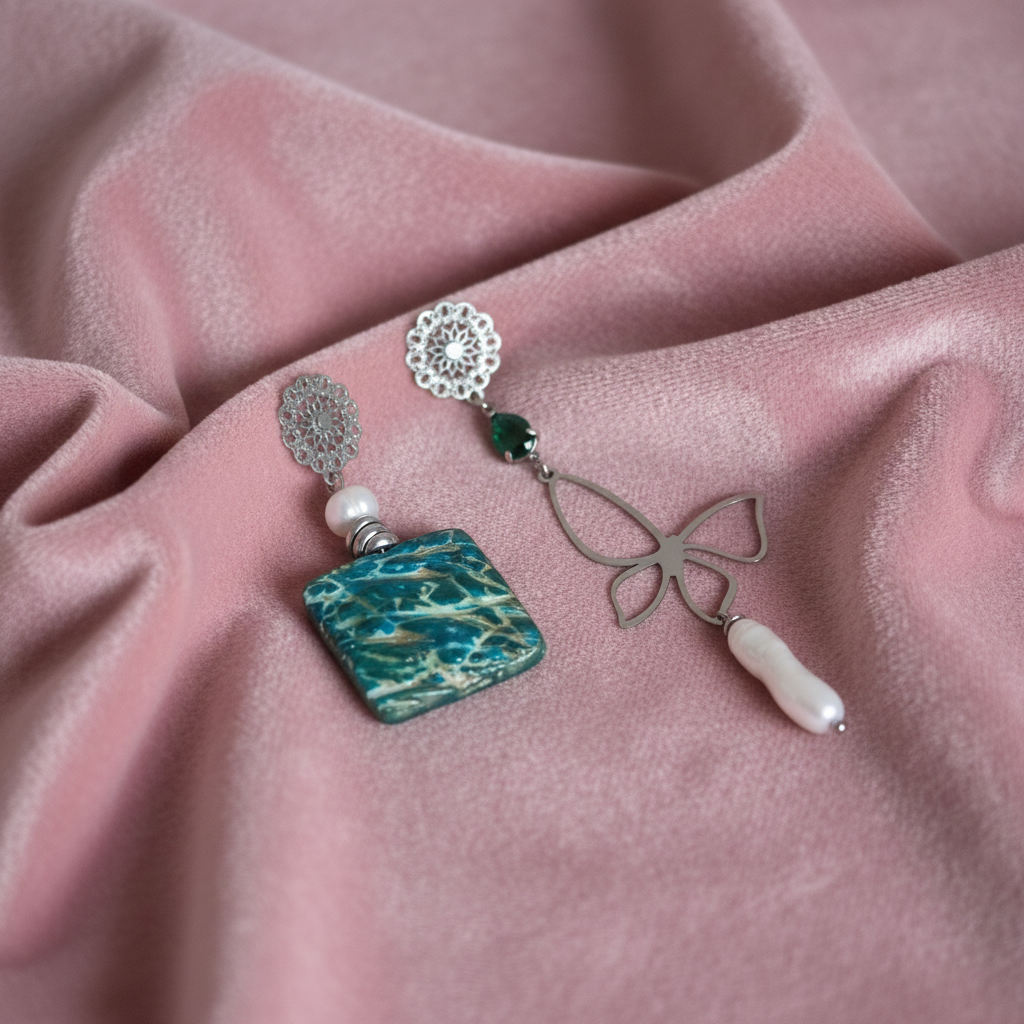 Orecchini Asimmetrici con Ceramica Turchese, Perle e Cristalli - Mare e Cielo