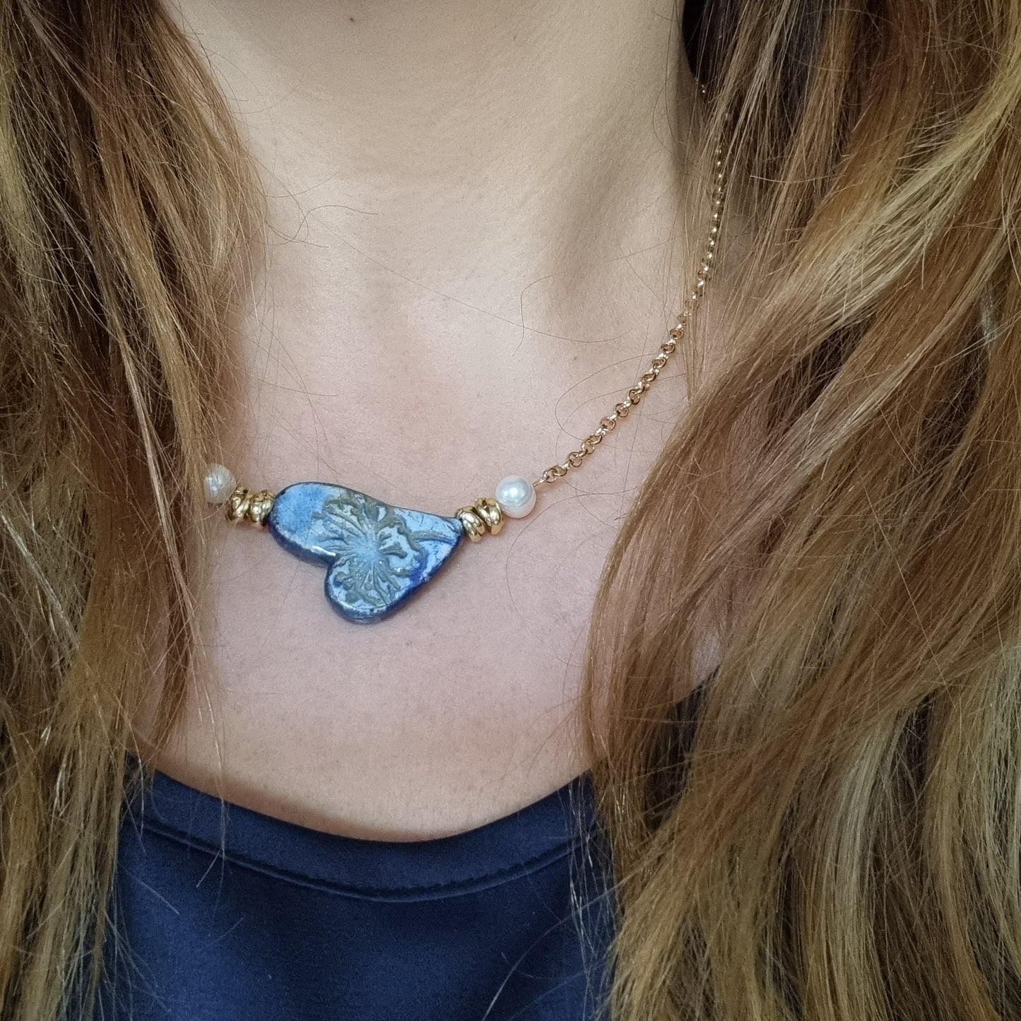 Parure Cuore Blu - Collana e Orecchini Ceramica Artigianale