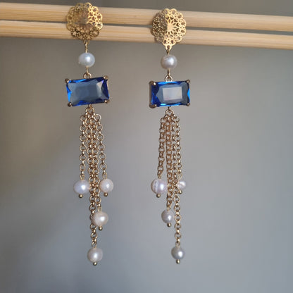 Orecchini Pendenti Luxury Cristalli Blu e Perle - Fatto a Mano Italia | Macorì Creations