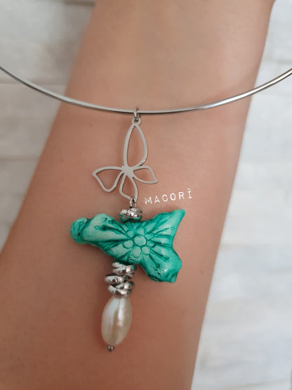 Collana Acciaio Inox Sicilia Artigianale con Perla in Ceramica Fatta a Mano
