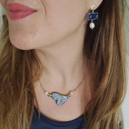 Parure Cuore Blu - Collana e Orecchini Ceramica Artigianale