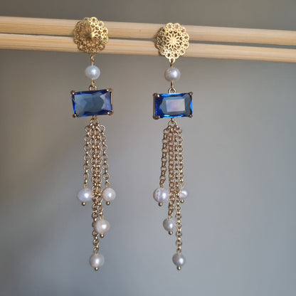 Orecchini Pendenti Luxury Cristalli Blu e Perle - Fatto a Mano Italia | Macorì Creations