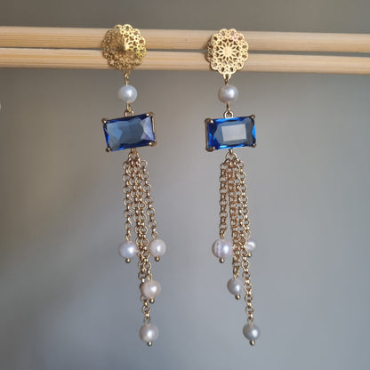 Orecchini Pendenti Luxury Cristalli Blu e Perle - Fatto a Mano Italia | Macorì Creations