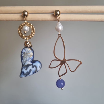 Tris Orecchini blu e oro CUORI Preziosi - Perle Naturali - acciaio inox anallergici - Artigianali