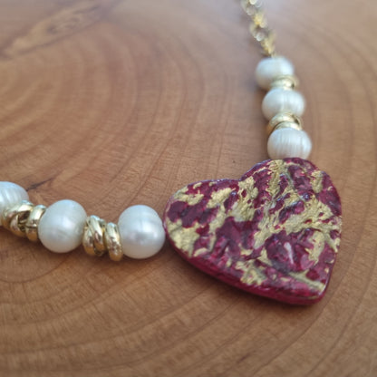 Collana Cuore Divino - Cuore in Ceramica con Sfumature d'Oro e Perle | Artigianale