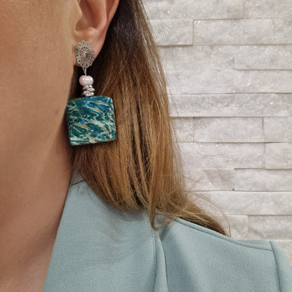 Orecchini Asimmetrici con Ceramica Turchese, Perle e Cristalli - Mare e Cielo
