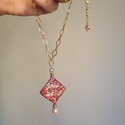 Collana Lunga Artistica con Perle Naturali e ciondolo in Ceramica