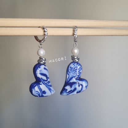 Tris Orecchini Cuori Preziosi - Ceramica Artistica Blu e Argento - acciaio inox