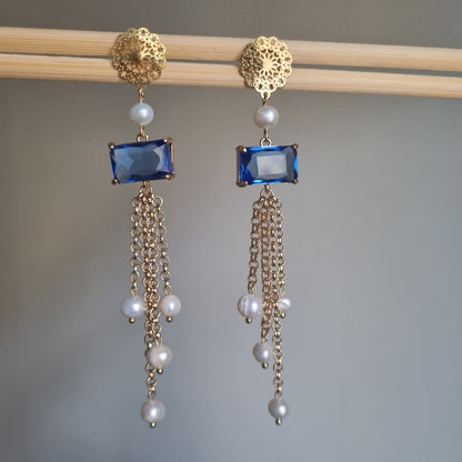 Orecchini Pendenti Luxury Cristalli Blu e Perle - Fatto a Mano Italia | Macorì Creations