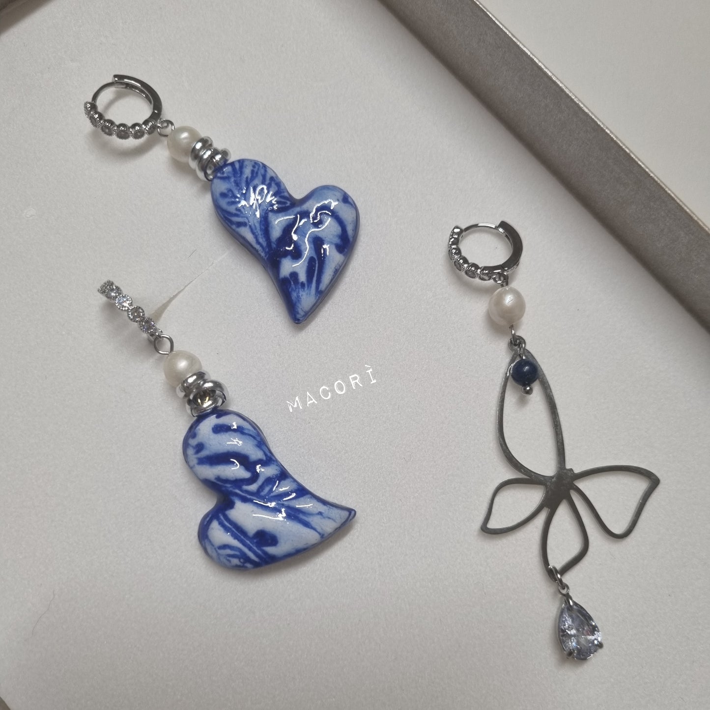 Tris Orecchini Cuori Preziosi - Ceramica Artistica Blu e Argento - acciaio inox