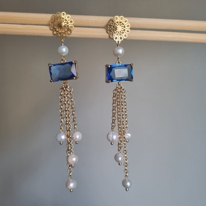 Orecchini Pendenti Luxury Cristalli Blu e Perle - Fatto a Mano Italia | Macorì Creations