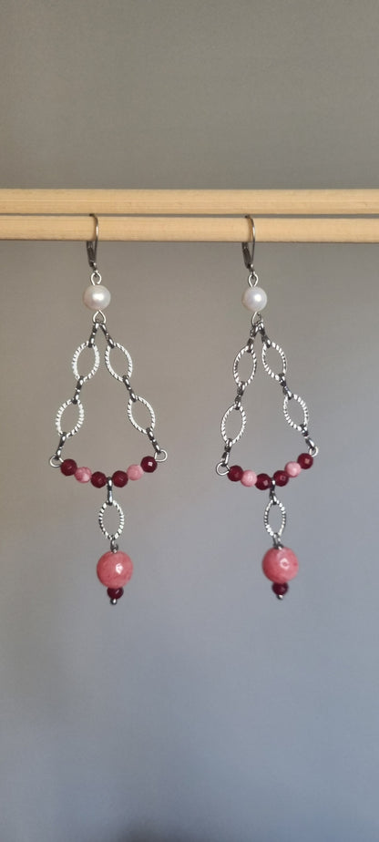 Orecchini Chandelier "Rosa Perla" - Acciaio inox antiallergici, Perle e Pietre Rosa