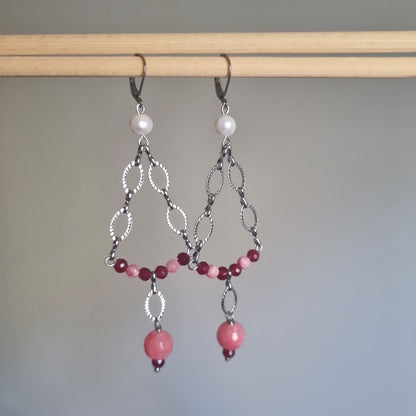 Orecchini Chandelier "Rosa Perla" - Acciaio inox antiallergici, Perle e Pietre Rosa