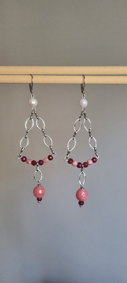 Orecchini Chandelier "Rosa Perla" - Acciaio inox antiallergici, Perle e Pietre Rosa