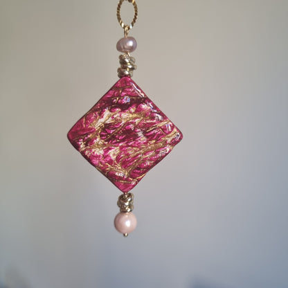 Collana Lunga Artistica con Perle Naturali e ciondolo in Ceramica