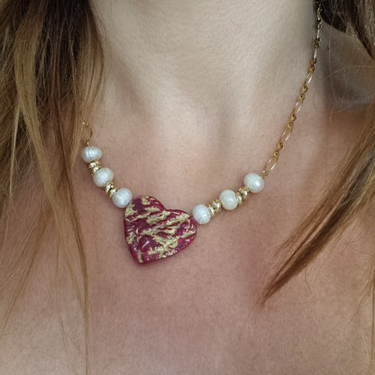 Collana Cuore Divino - Cuore in Ceramica con Sfumature d'Oro e Perle | Artigianale