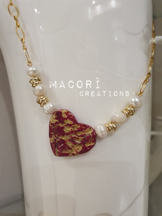 Collana Cuore Divino - Cuore in Ceramica con Sfumature d'Oro e Perle | Artigianale