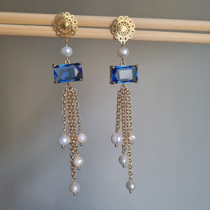Orecchini Pendenti Luxury Cristalli Blu e Perle - Fatto a Mano Italia | Macorì Creations